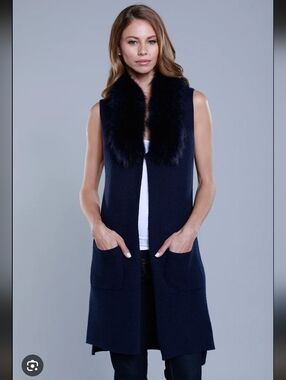 NWT Baccini Black Faux Fur Collar Long Vest With Pockets_Large